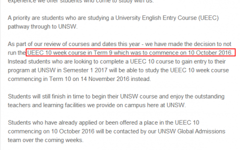 新南威尔士大学（UNSW）取消10月开学的10周语言课程